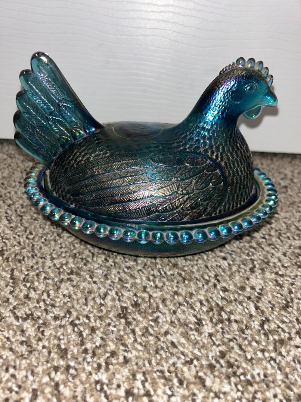 Vintage Indiana Iridescent Carnival Blue Glass Hen On A Nest Covered Dish